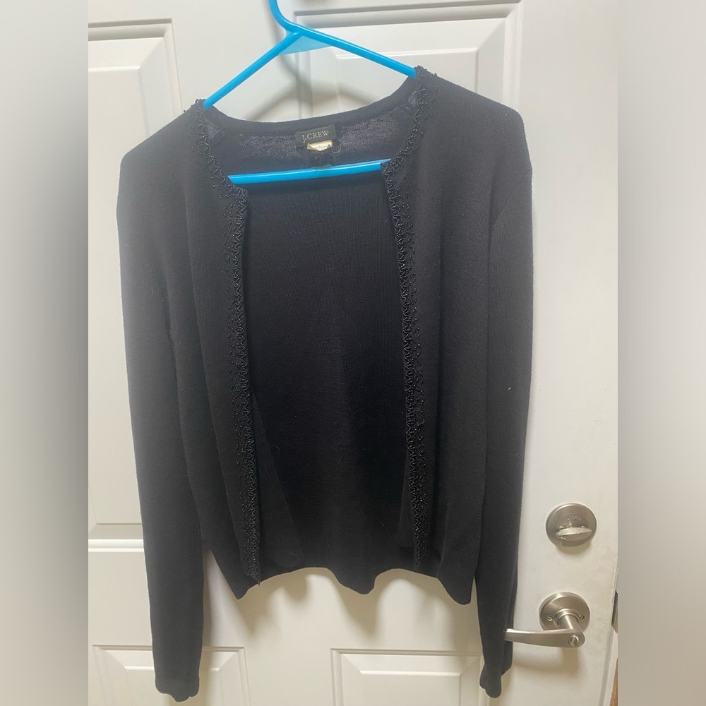J.Crew Size L Black Beaded Trim 100% Merino Wool Open-Front Cardigan Sweater